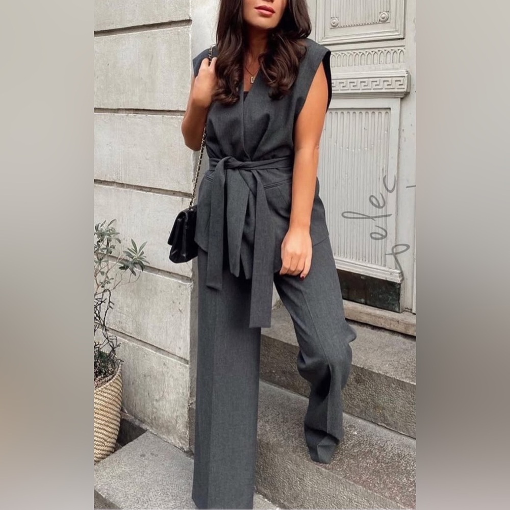 ZARA Charcoal Grey Wide Leg Pants with Side Zipper Size S MODERN MINIMAL SUITING